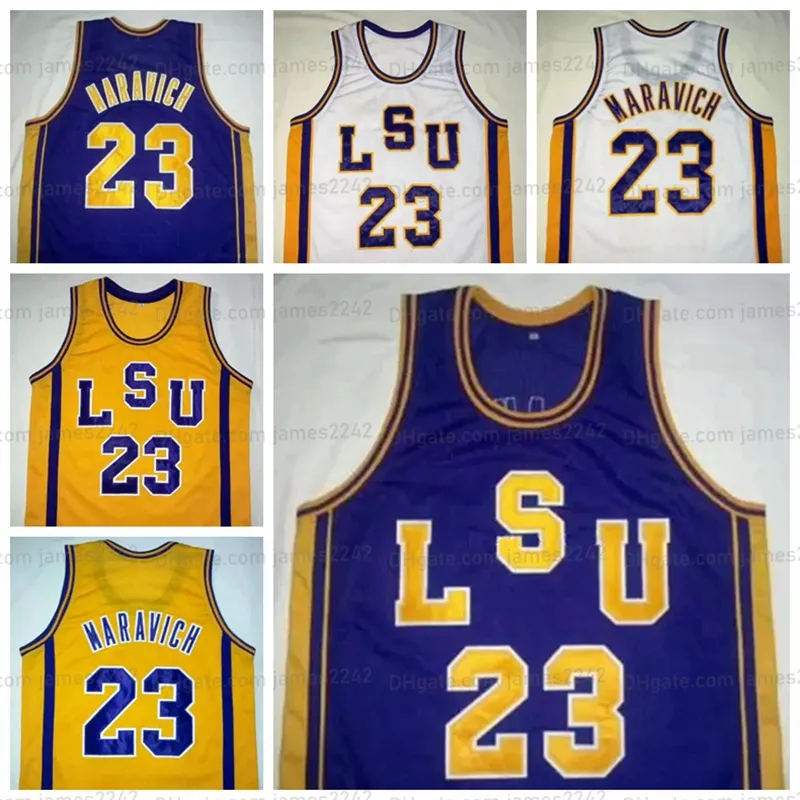 Niestandardowy Pete Maravich #23 Koszulki do koszykówki LSU White Żółte Purple Tigers College Retro Jersey Mens Ed dowolne nazwa numeru