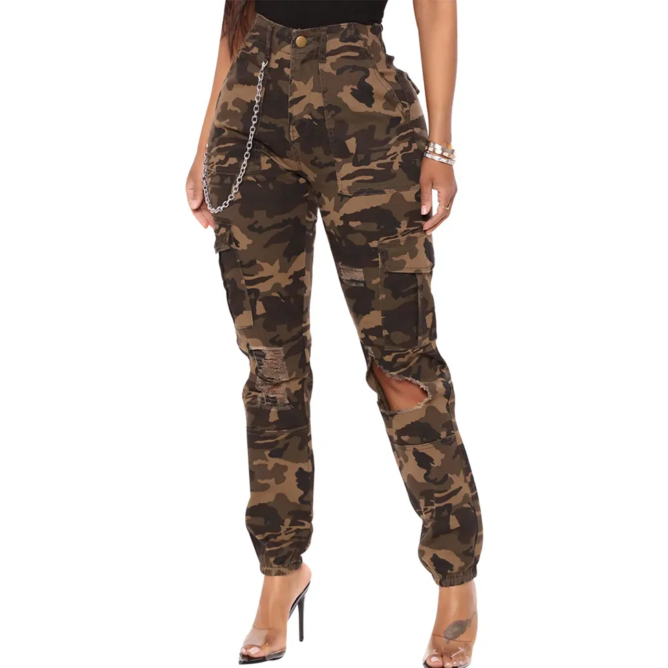 Women Camo Cargo Pants Casual Hole High Waist Slim Fit Camouflage