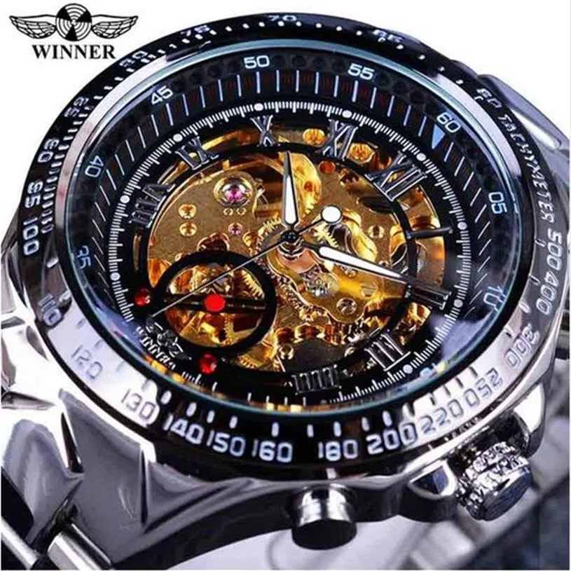 Vinnare Classic Series Golden Movement Inside Silver rostfritt stål Herrskelett Watch Top Brand Luxury Fashion Automatic Watch229V