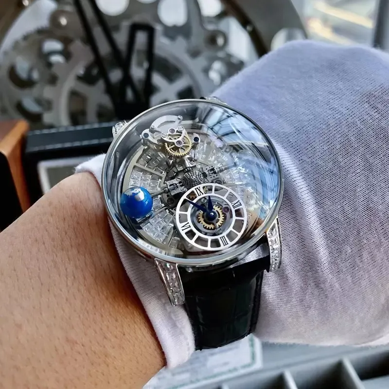 Transparent Skeleton Watch with Flywheels, Silver Case, Blue Leather Strap,  Automatic ETA Movement, Sapphire Glass, Men's Luxury Watch