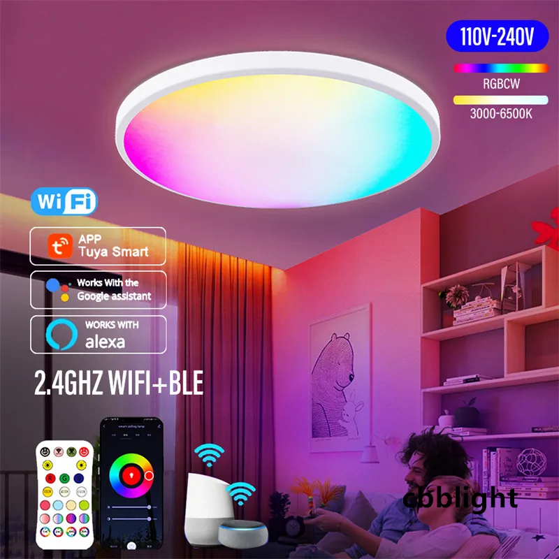 WIFI Smart LED Round Ceiling Light RGBCW Dimmable Tuya App متوافق مع Alexa Google Home Bedroom Room Ambient Light Lamps LRS016