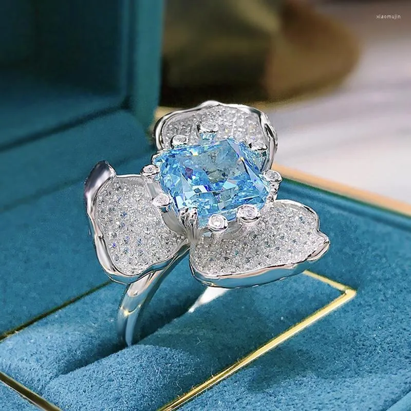 Ringos de cluster 925 Sterling Silver Ring Luxury 10 mm 10mm azul aqual de alto carbono diamante de carbono para mulheres cintilantes jóias de casamento