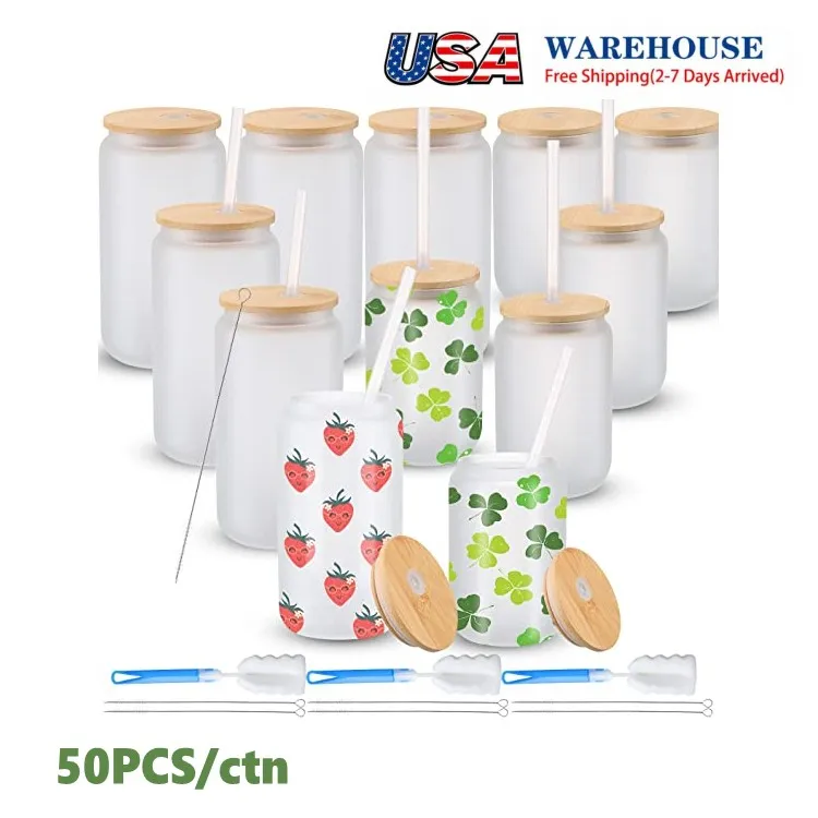 12oz 16oz USA Garrafas de água de armazém de sublimação em branco Diy pode copos de vidro em forma de copos com tampa de bambu e palha para refrigerante de café gelado T1213
