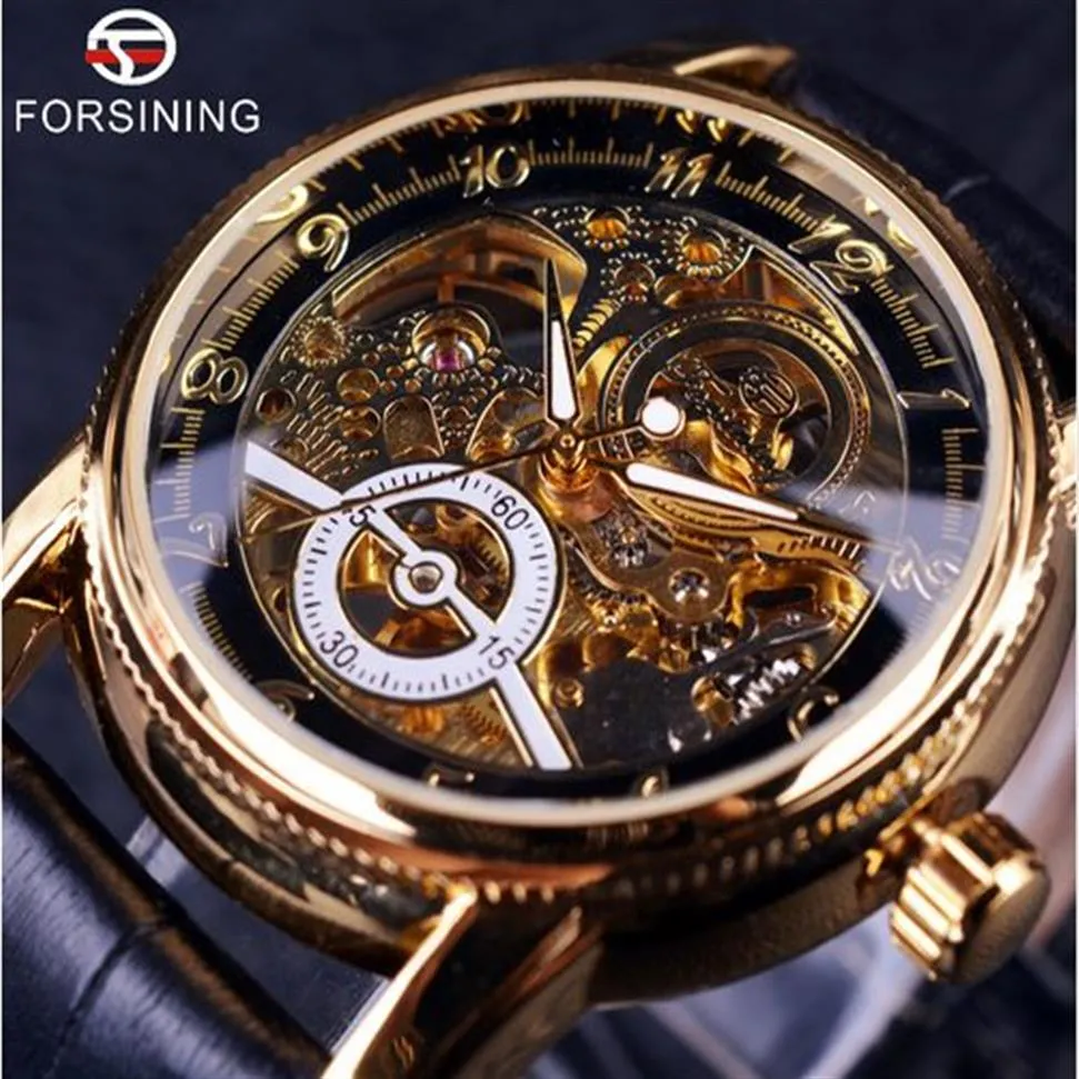 Forsining Hollow Graving Skeleton Designer casual Black Golden Case Gear Buzel Watches Men Luxury Top Brand Automatic Watches264C