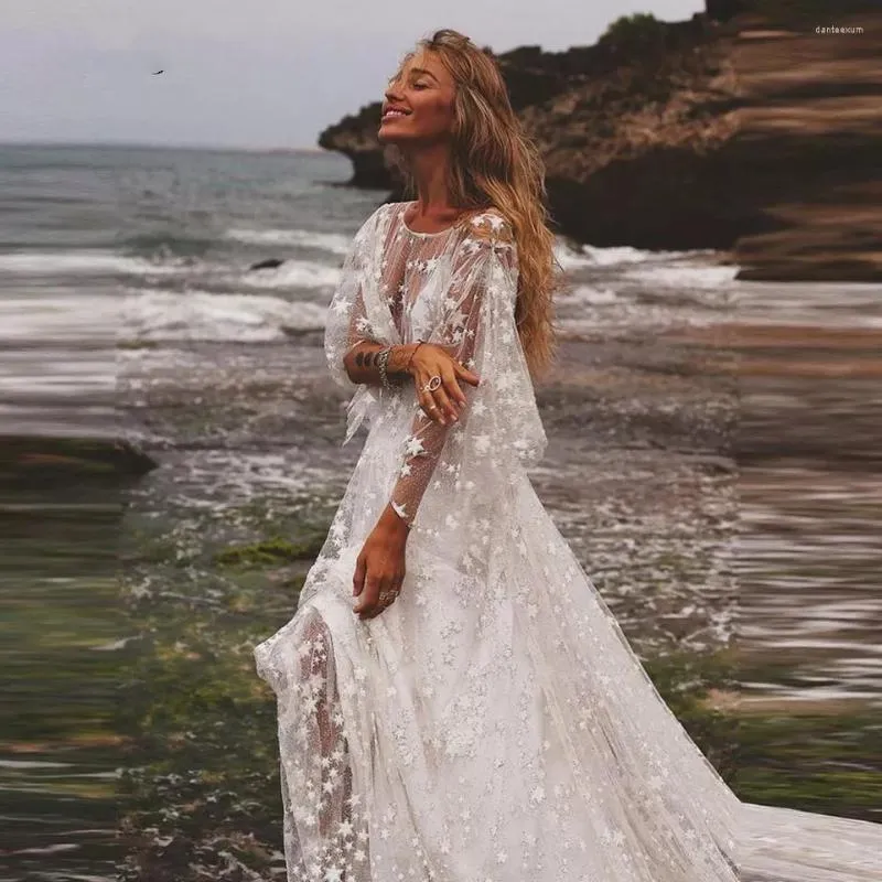 Hochzeitskleid Funkelnde Glitzer Sterne Strand Boho Spitze Perlen Lange Ärmel Romantische Böhmische Brautkleider Fee Robe De Mariee