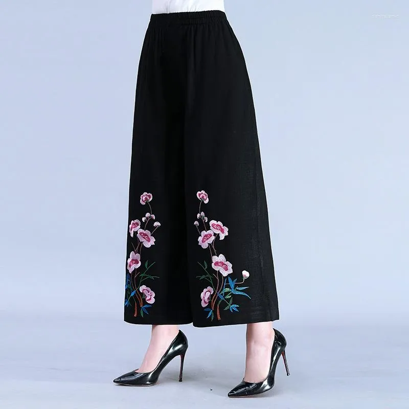 Ethnic Clothing 2022 Women'S Vintage Chinese Style Wide Leg Pants Female Casual Cotton Linen Embroidery Loose High Waist Trousers 10697