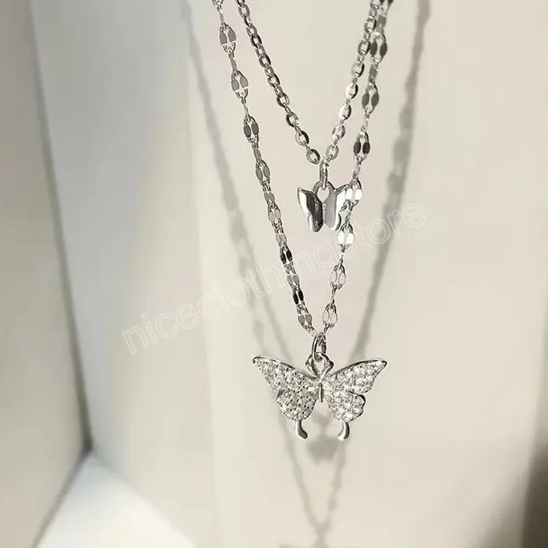 Gold Silber Farbe Glänzende Schmetterling Halskette Frauen Elegent Doppelschicht Schlüsselbein Kette Halskette Jahrestag Geschenk Schmuck Halsketten