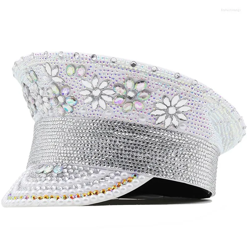 Berets Women Sequin Burning Silver Bride Pu Military Hat Handmade Sailor Captain Sergeant Birthday Festival Part