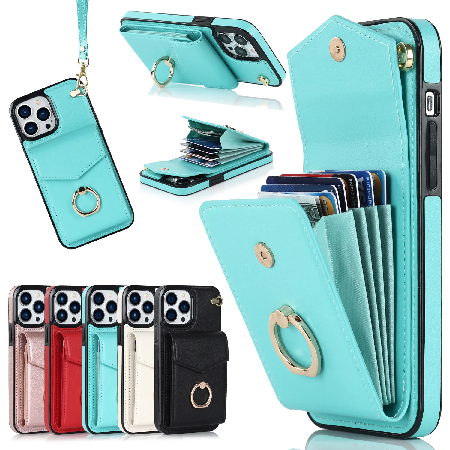 Multifunctional Shockproof Wallet Case for iPhone 6 14 Pro Max XR XS PU Leather with Card Slots Ring Stand Luxury Protective Cover