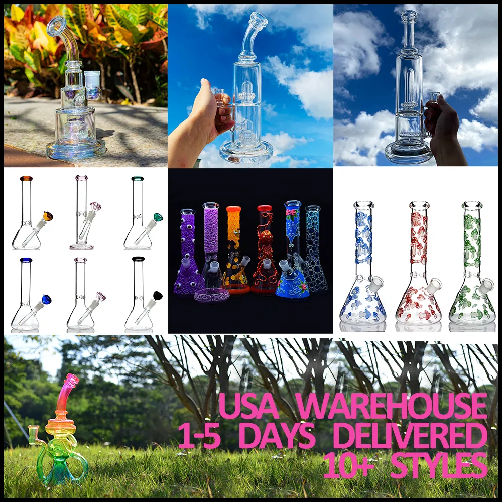 USA warehouse glass bong water pipe hookah new multiple style unique glass dab oil rig pink recycler