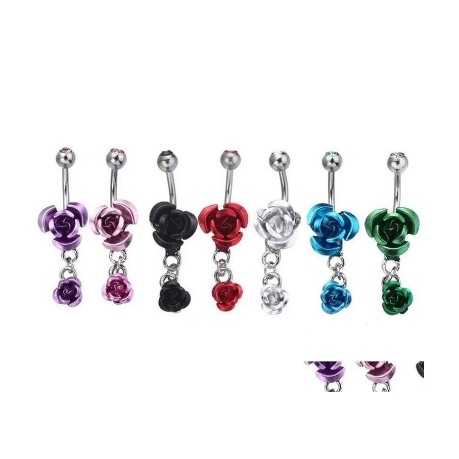 Navel Bell -knop Rings roestvrij staal hypoallergeen buik kristal rozen bloem body piercing bar jowery for dames bikini fashio otf5q