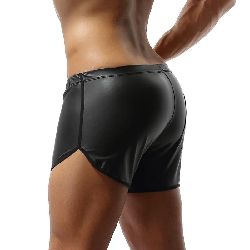 Shorts masculinos de couro falso esporte de ginásios brilhantes calças com roupas de fitness de bolso traseiro