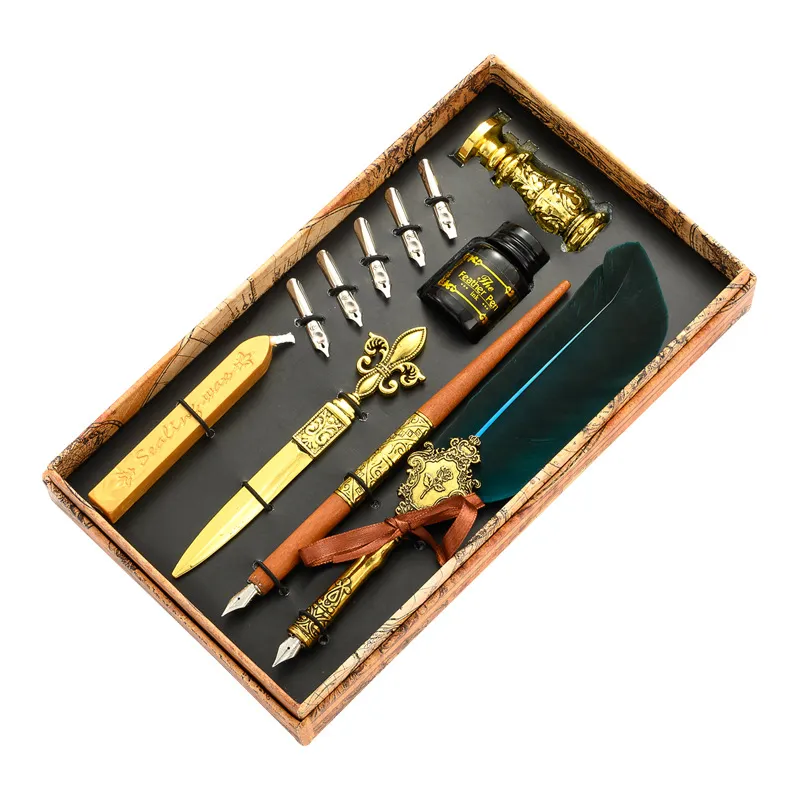 penna stilografica vintage in legno metallo Dip pen set regalo sigillo timbro cera calligrafia retrò