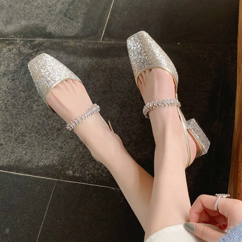 Dress Shoes Slippers Rimocy Shining Sequins Square Heels Sandals Women Fashion Crystal Strap Party Woman Sqaure Toe Bling Low Heeled Pumps 2022 221213
