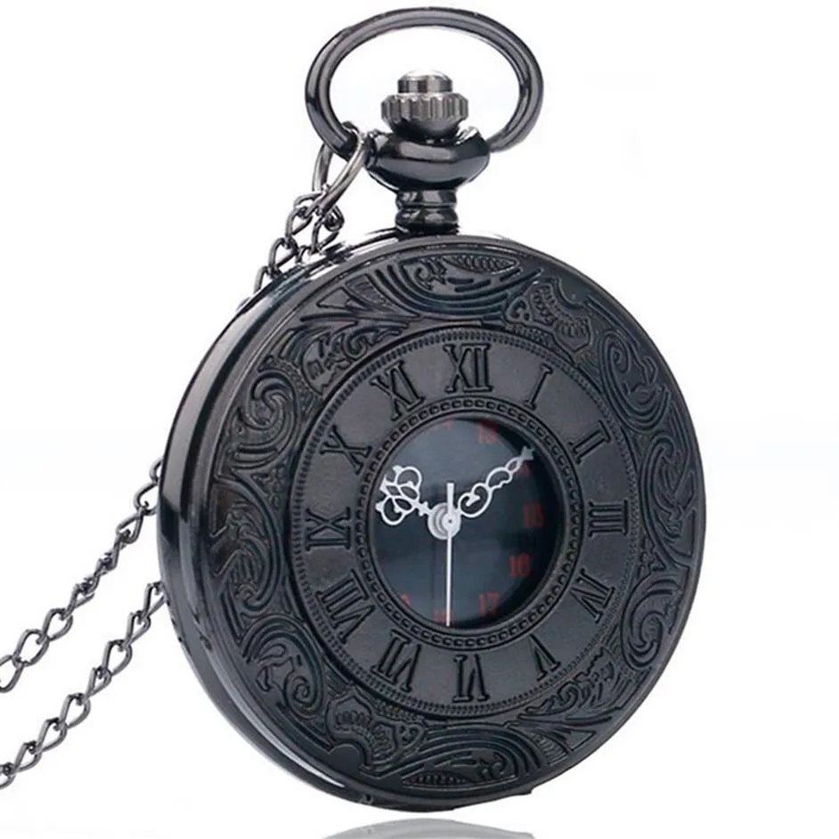 Vintage Charm Black Unisex Fashion Roman Number Quartz Steampunk Pocket Watch Women Man Necklace Pendant with Chain Gifts275e