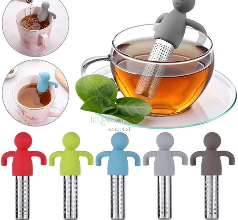 200pcs Tea Tools Silicone Stainless Steel Humanoid Tea Strainers Filter Leakage Infuser Cup Decoration Creative Ornament Gadgets Lazy Tealeaf Diffuser