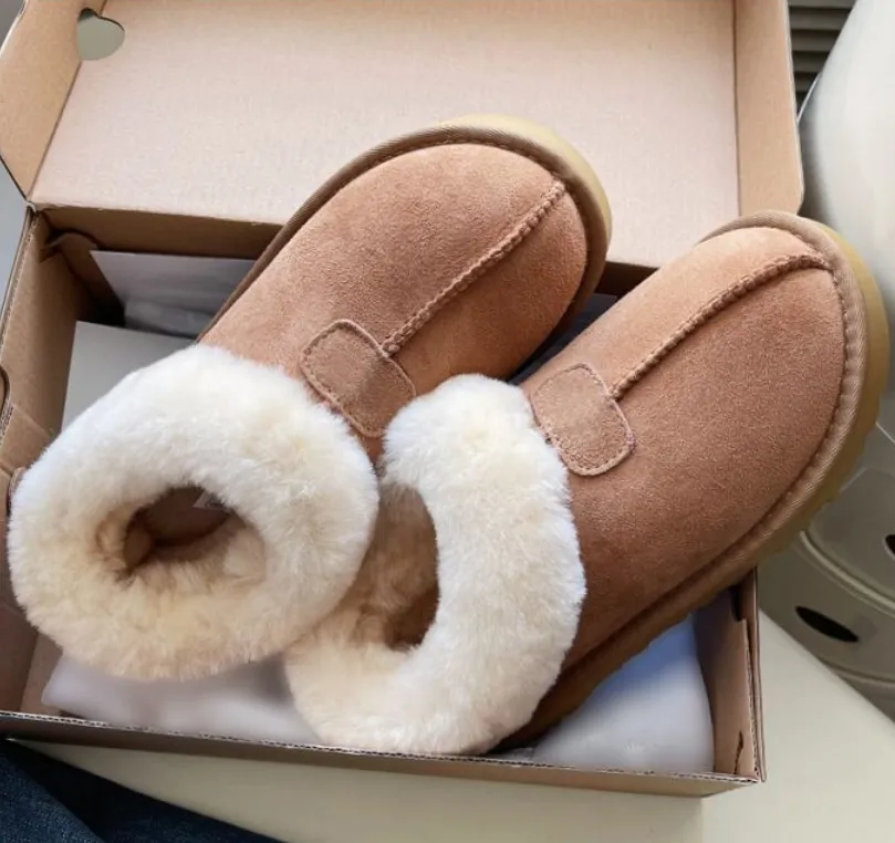 Real Sheepskin Winter Slippers Women Platform Snow Boots Designer Classic Mini Ultra Thick Bottom Warm Fur Booties chestnut Black Ankle Snow Boot