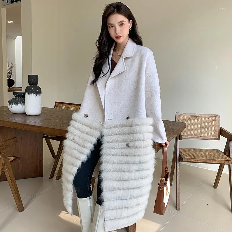Women's Fur 2023 Y2K Style Women's Long Real Wool Coat Female Oversized Double Breasted Natural Patchwork Maxi Coats JD12