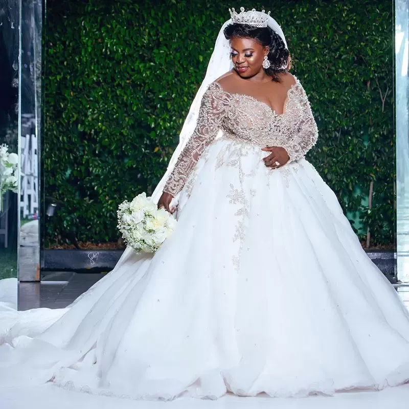 Plus size uma linha 2023 vestidos de casamento vestidos de noiva jóia pescoço manga longa frisado lantejoulas pérolas igreja vestido de noiva