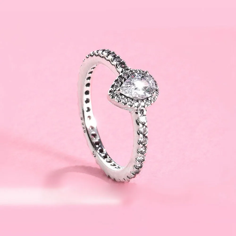 925 Sterling Silver Classic Teardrop Halo Ring avec Cz Fit Pandora Bijoux Fiançailles Amoureux De Mariage Bague De Mode Pour Les Femmes