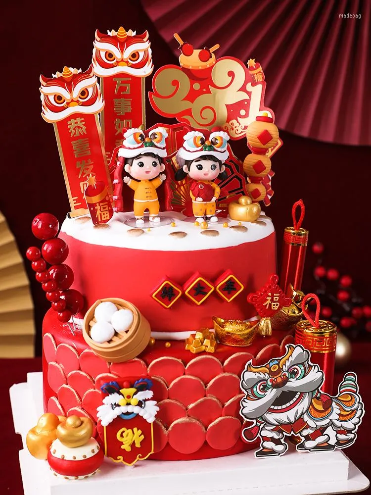 Festive Supplies Cake Topper 2024 Chinese Year Baking Lion Dance Koi Boys  Girls Dolls Red And Gold Happy Birthday Decoration 2024 from madebag, $6.51