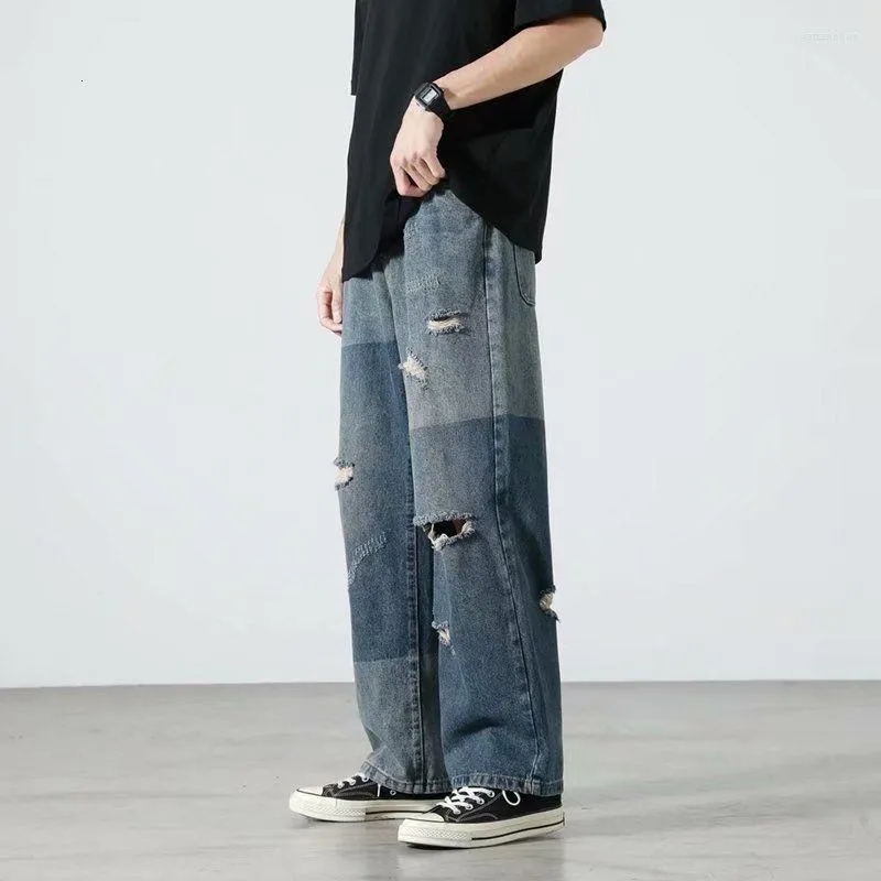 Jean déchiré pour hommes, jambes larges, mode rétro Baggy Harajuku, Streetwear ample, trou Hip-hop, pantalon droit en Denim pour hommes