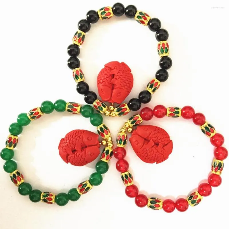 Bracelets à maillons rouge noir vert semi-précieux 8mm rond Jades calcédoine pierre Bracelet cinabre poissons pendentif perles bijoux couleur or