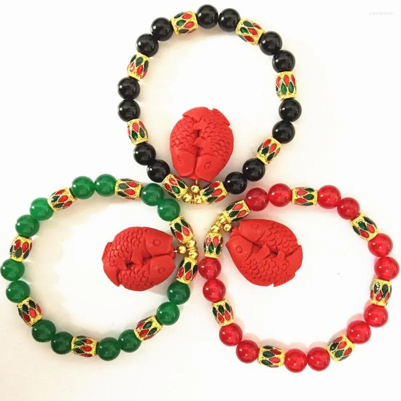 Link Armbanden Rood Zwart groene semi-beschadigde 8 mm ronde Jades Chalcedony stenen armband cinnabar vissen hanger kralen goudkleurige sieraden