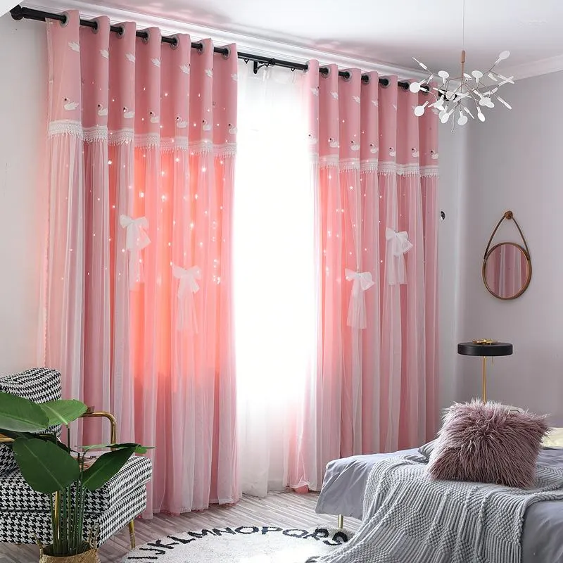 Perde tasarım işlemeli çift katmanlı karartma yıldızı içi boş perdeler ev oturma odası pencere dekoru için dantel tül kumaş ile