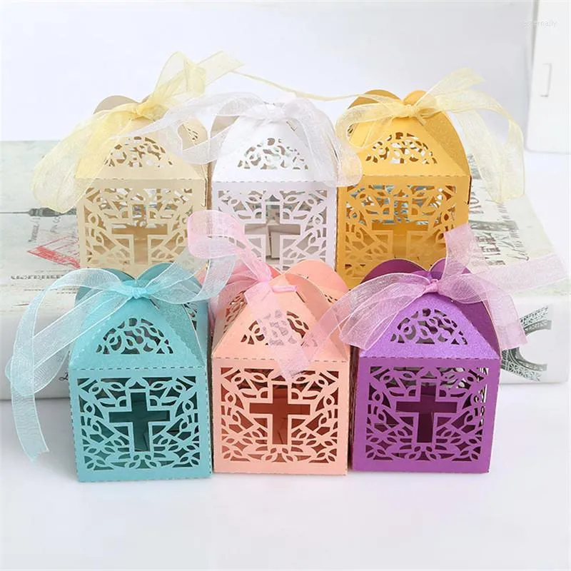 Gift Wrap 50pcs Laser Cut Candy Box Cross Shaped Favor With Ribbon Baby Shower Wedding Favors And Gifts Party Supplies Decor