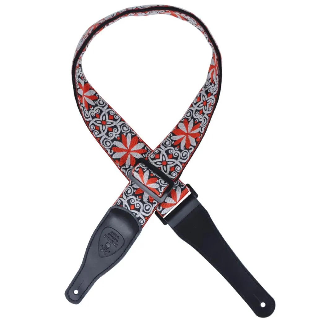 New Double Layer 25MM Jacquard Nylon Bass Guitar Strap Belts With Leather Ends Red Flower3957238