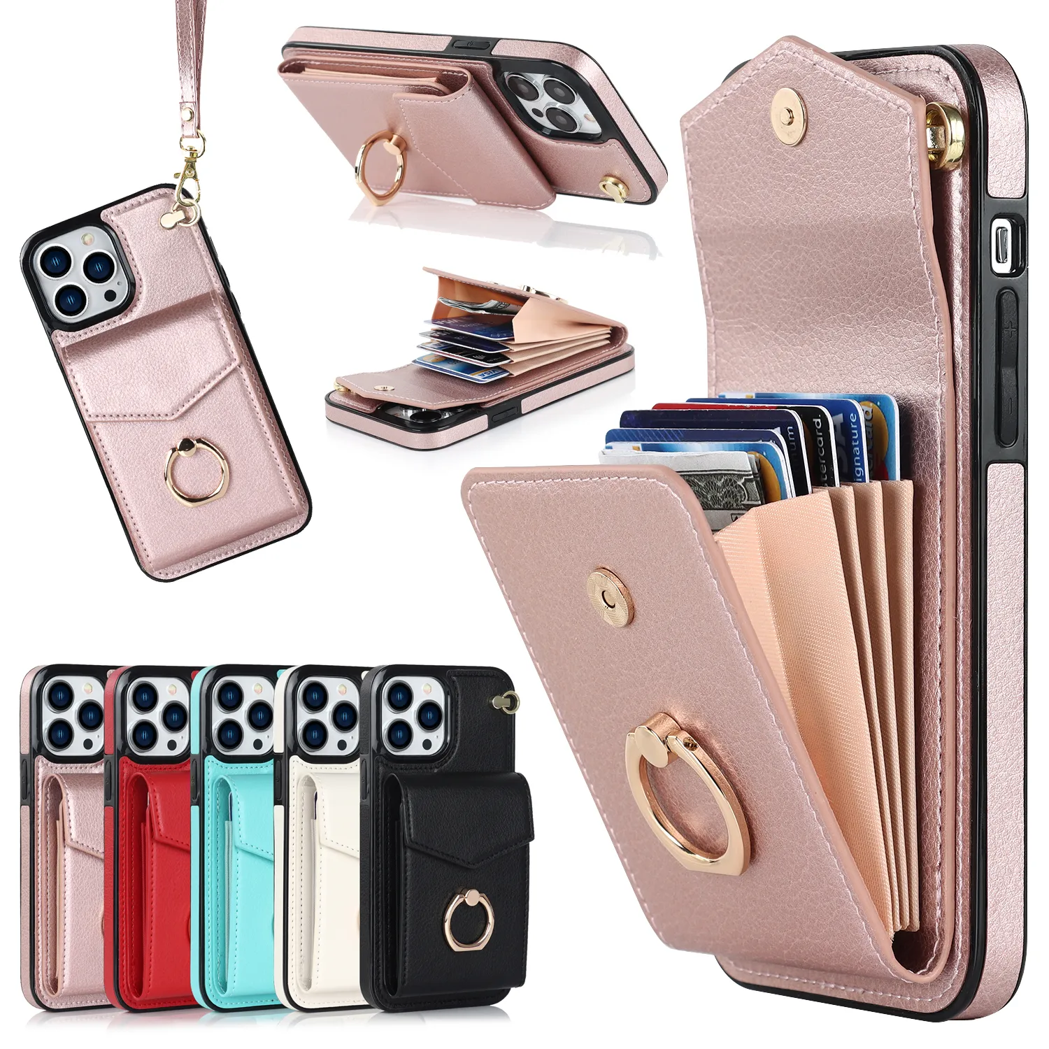 Luxe PU lederen orgel portemonnee hoesjes Creditcardsleuven Ringstandaardhouder Multifunctioneel pakket Beschermende schokbestendige hoes voor iPhone 14 13 12 11 Pro Max XR XS 8 7 6 Plus