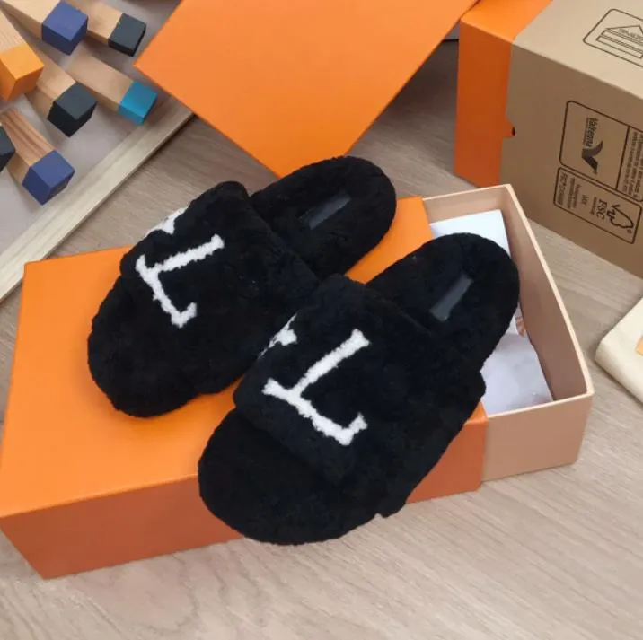 Vintersandaler tofflor designer flip-flops mode icke-halk kvinnlig plysch faux päls lyx varumärke inomhus varm bomullsbogs trend fast färg liten doft