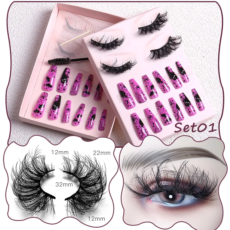 Halloween Eyelash Beauty Set Multi-Layer Thick Messy False Eyelashes Nail Tip Manicure