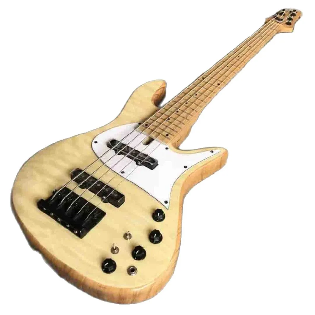 Lvybest Electric Guitar Custom Grand Fly Butter 5 Strings Bass Guitar with 9V Active Pickups in Natural Color