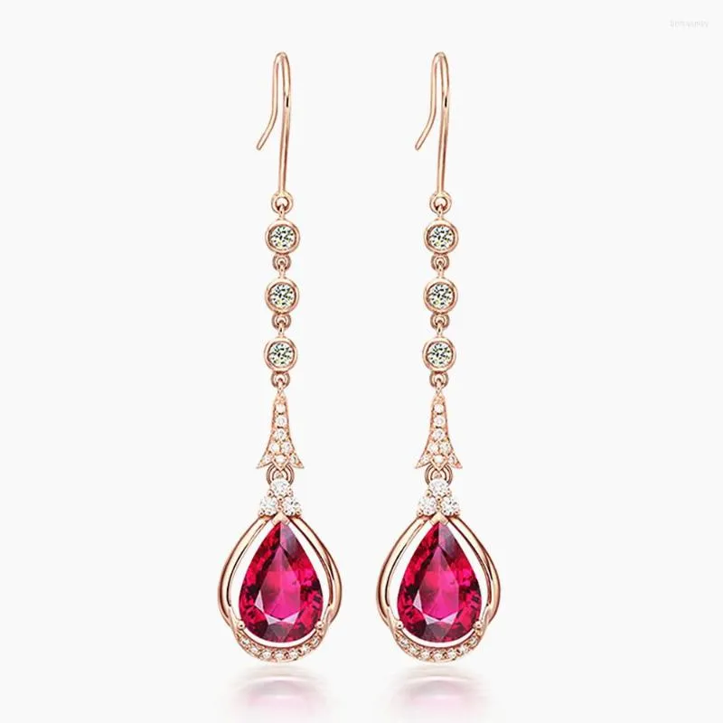 Dangle Earrings LUXURY RUBY GEMSTONES RED CRYSTAL ZIRCON DIAMONDS LONG DROP FOR WOMEN ROSE GOLD TONE JEWELRY BIJOUX PARTY GIFTS