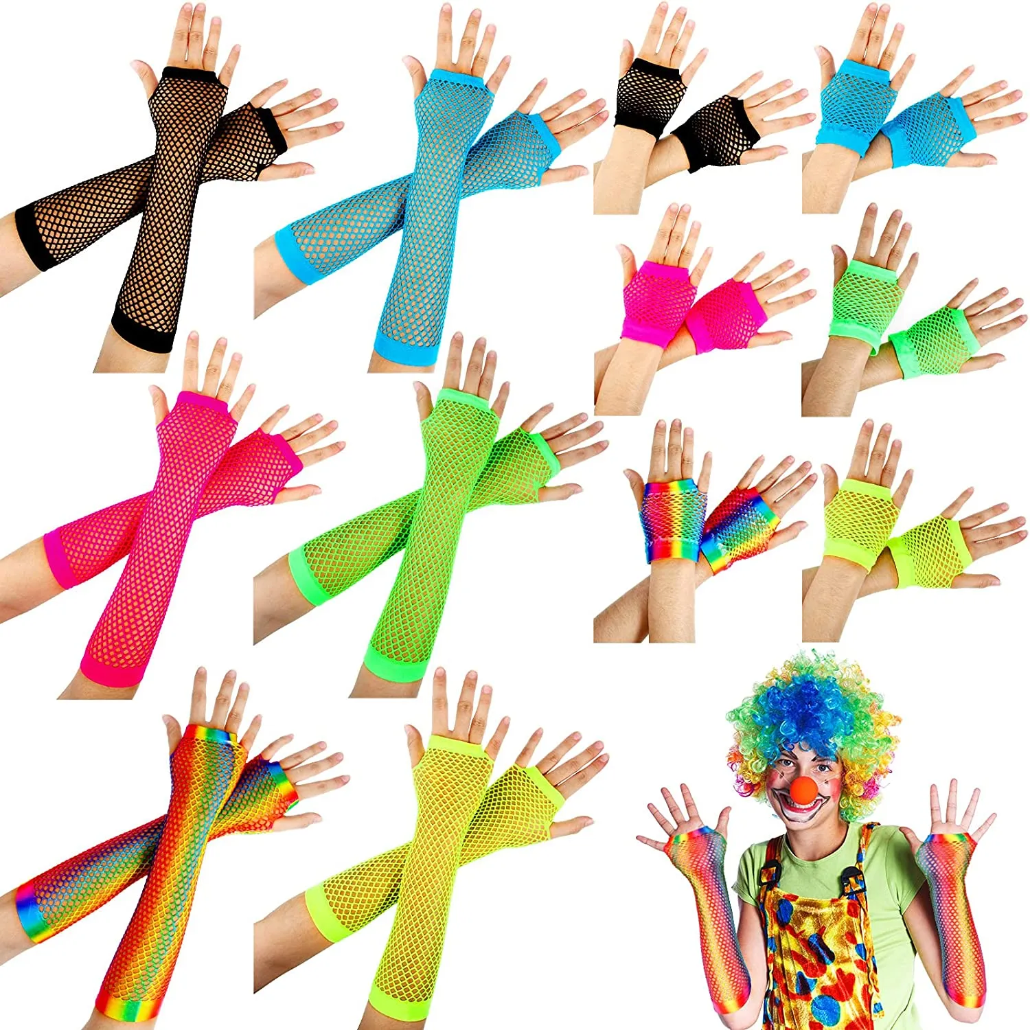 12PAIRS /80S 90S Rękawiczki o siatce dla kobiet dla dzieci Neon Bez palca rękawicy na cosplay Costumes Akcesoria