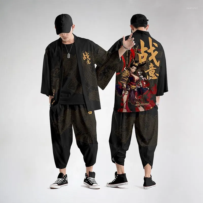 Vêtements ethniques Style japonais Vintage Kimono Haori pantalon ensemble hommes traditionnel Harajuku Streetwear Cardigan Costume manteau