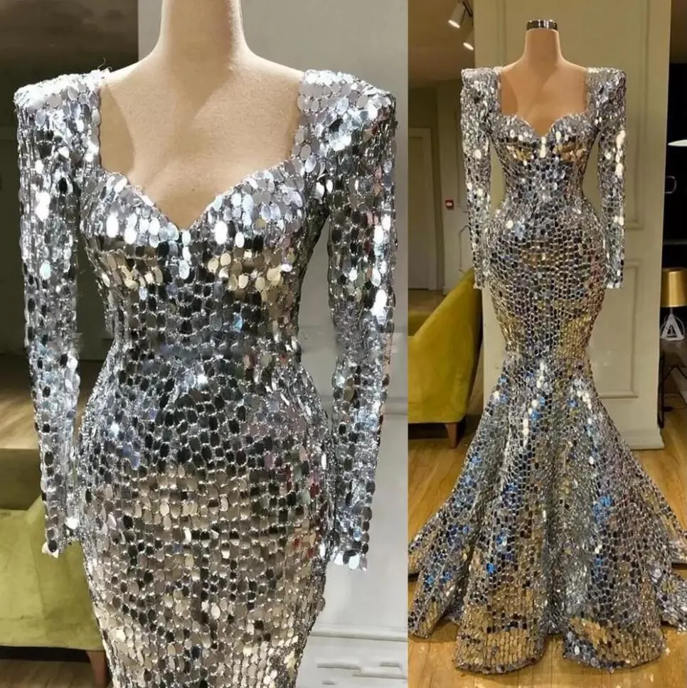 Sparkly pailletten zilveren zeemeermin prom jurken lieverd nek lange mouwen aso ebi Afrikaanse plus size formele avond gelegenheid jurken