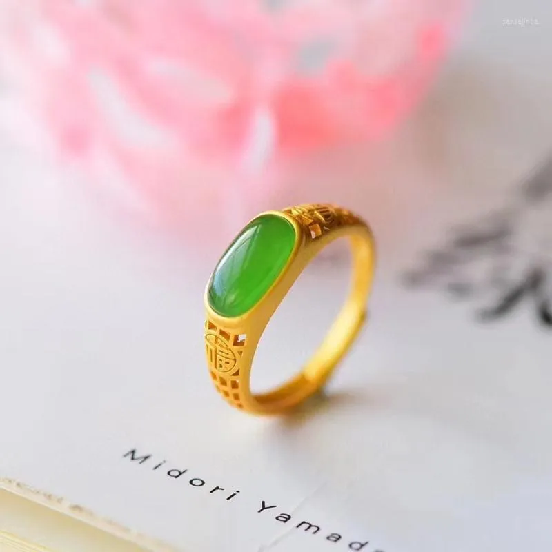 Cluster Rings Natural Hetian Jade Stone Ring Female Retro Opening Chinese Royal Court Style Sterling Silver Gilding Lucky Word Gemstone