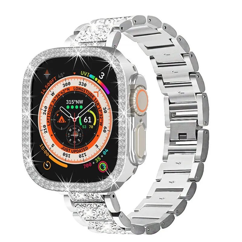 Custodia paraurti con cinturino in acciaio inossidabile con diamanti Bling per Apple Watch Series 8 7 6 5 4 SE iWatch 40mm 41mm 44mm 45mm