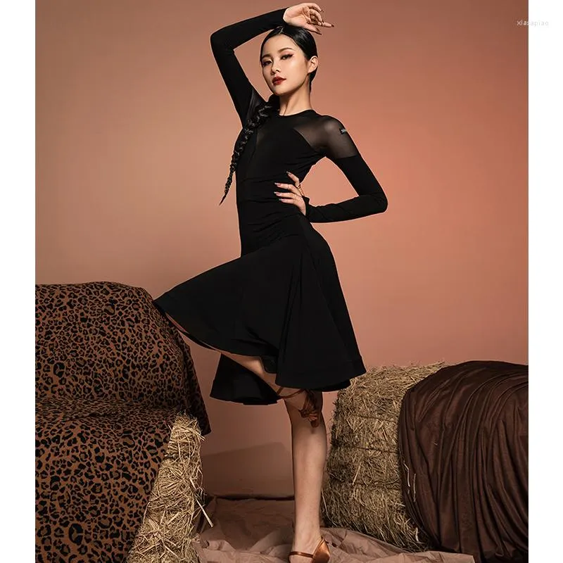 Stage Wear Sexy Black Female Adult Autumn Winter High-end Ballroom Performance Clothing Professional Latin Dance Dress L9784