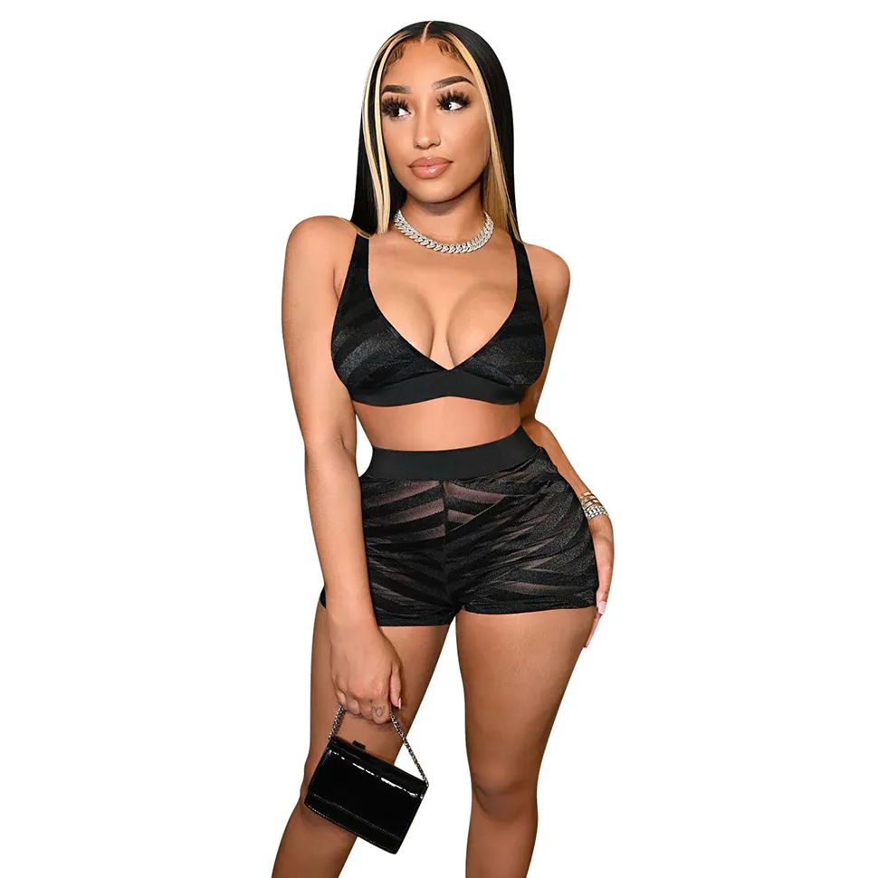 Sexy Two Piece Pants Shorts Club Outfits for Women Mesh See Through Camis Crop Top Sheer Bodycon Shorts Sets Party Clubwear