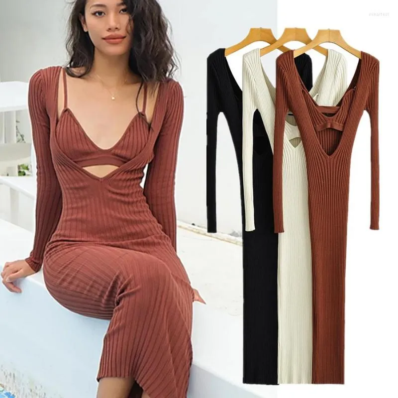 Casual Dresses Maxdutti France Style Fashion Dress Vintage Knitted Camisole Strapless V-neck Sheath Midi Wome Two Pieces Sets