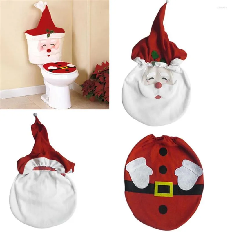 Couvertures de siège de toilette 3pcs Santa Cover Décoration de Noël Décoration de salle de bain Réservoir d'eau et boîte en papier