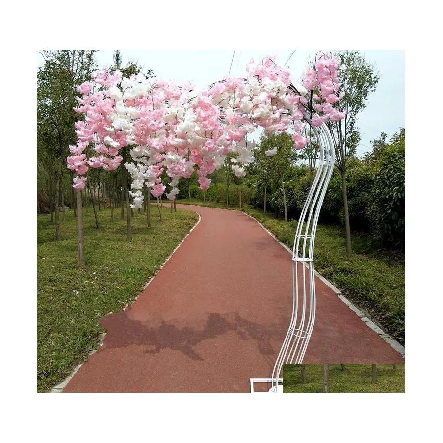 Ghirlande di fiori decorativi 2,6 m di altezza bianco artificiale fiore di ciliegio albero strada piombo fiore di simulazione con struttura ad arco in ferro per mercoledì Otrbu