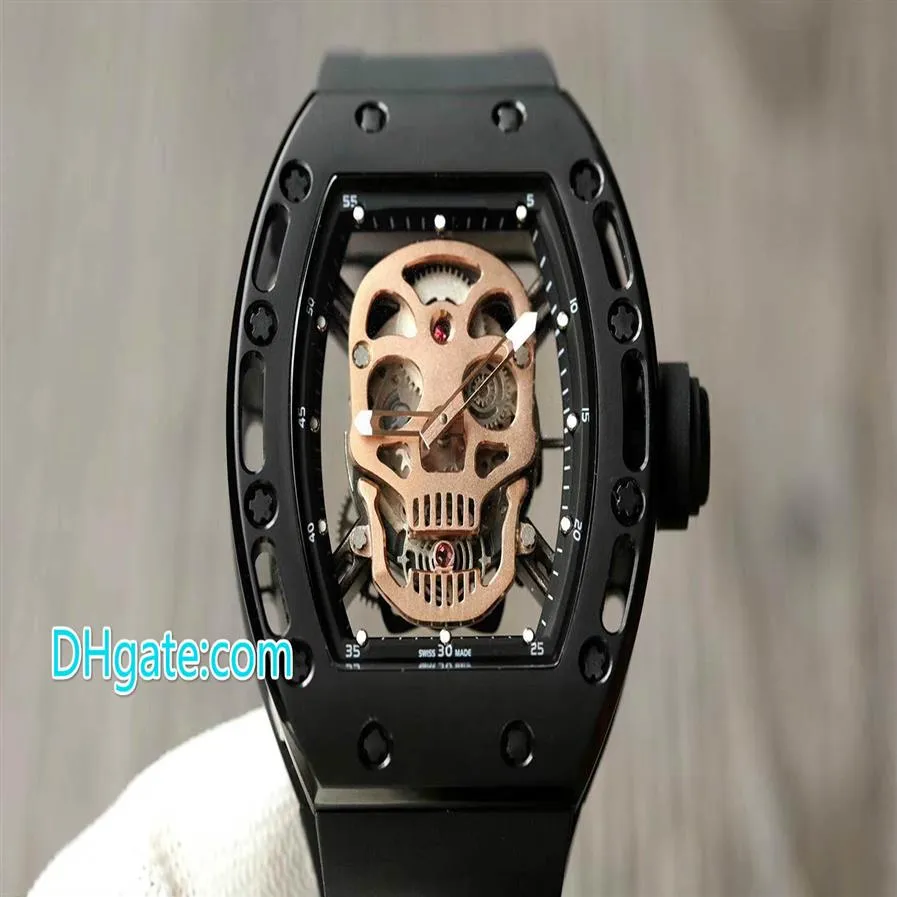 Fashion Skull Watch 42 mm Volledig automatisch mechanische heren sportwacht roestvrij staal zwarte shell mouw originele vouwen bu253j