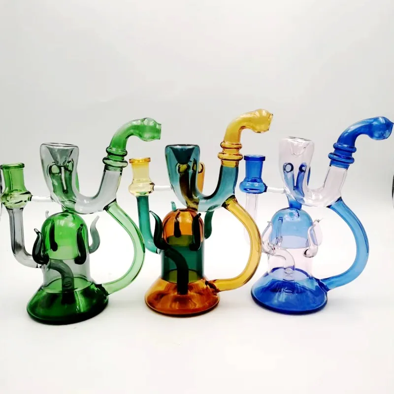 Bent Type Glass Bong Hookahs Oil Burner Dab Rig Bowl with Curved Recycler Tube Water Smoking Pipes