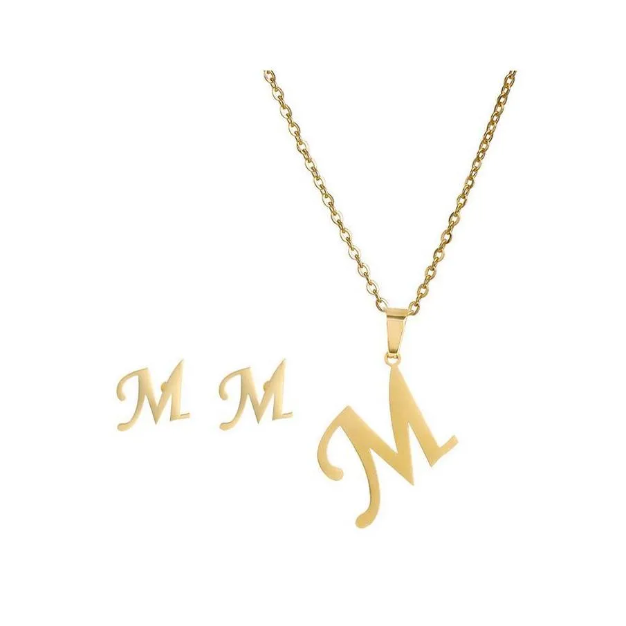 Earrings Necklace 26 Letter Necklaces With Earring Set Stainless Steel Gold Choker Initial Pendant Women Alphabet Chains Jewelry D Otlao