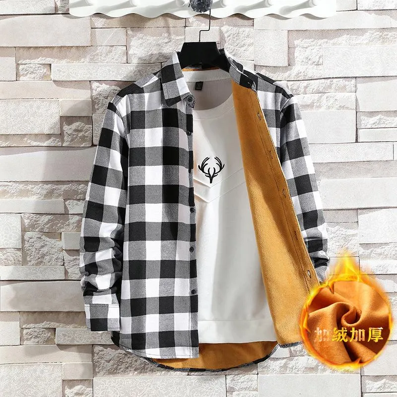 Men's Dress Shirts Classic Fund Lattice Men Shirt Leisure Loose Teenagers Increase Down Long Sleeve Cardigan Plus Cashmere Warm Thick